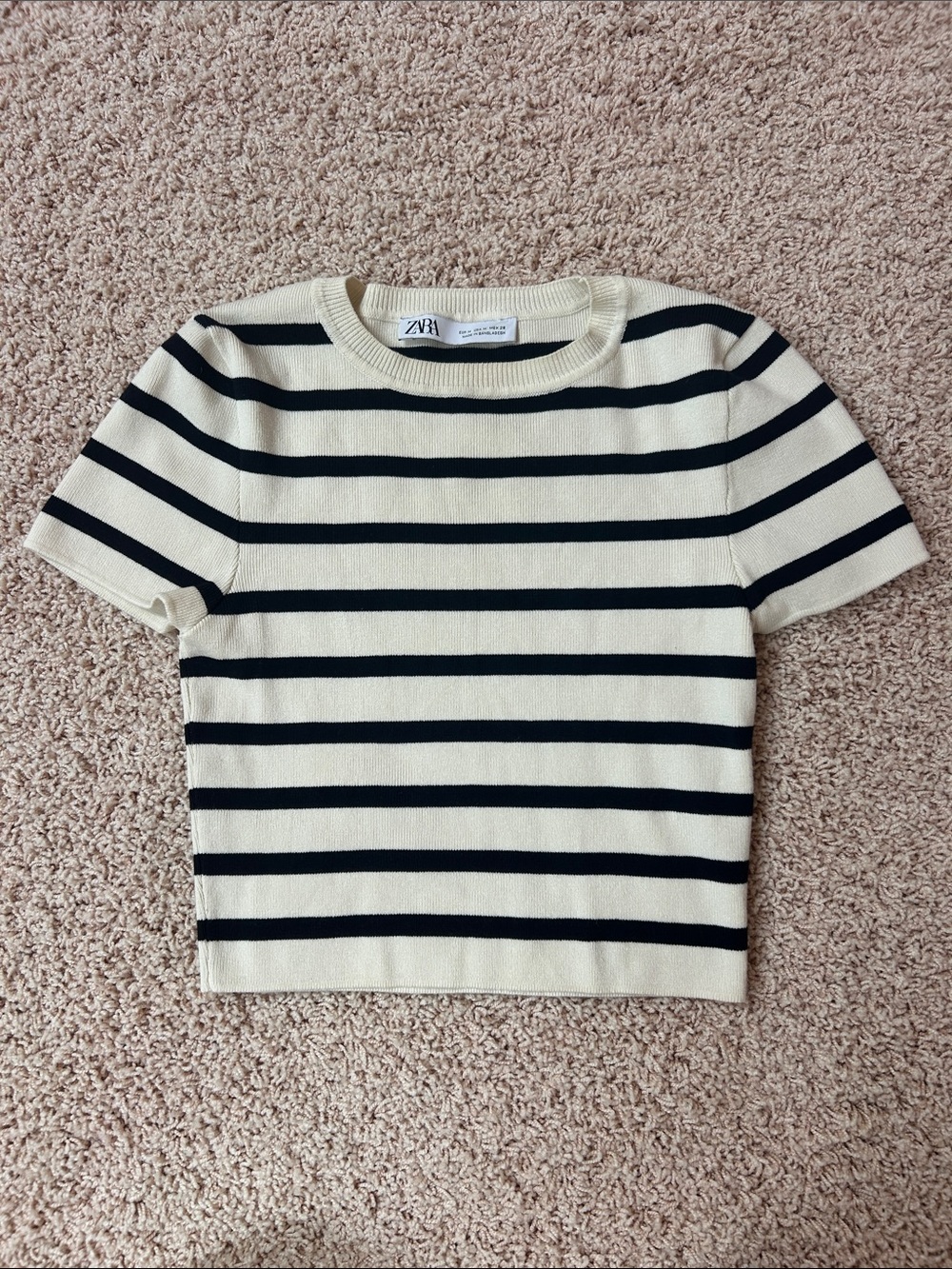 Zara Cream and Black Striped Short-Sleeve Knit Tee